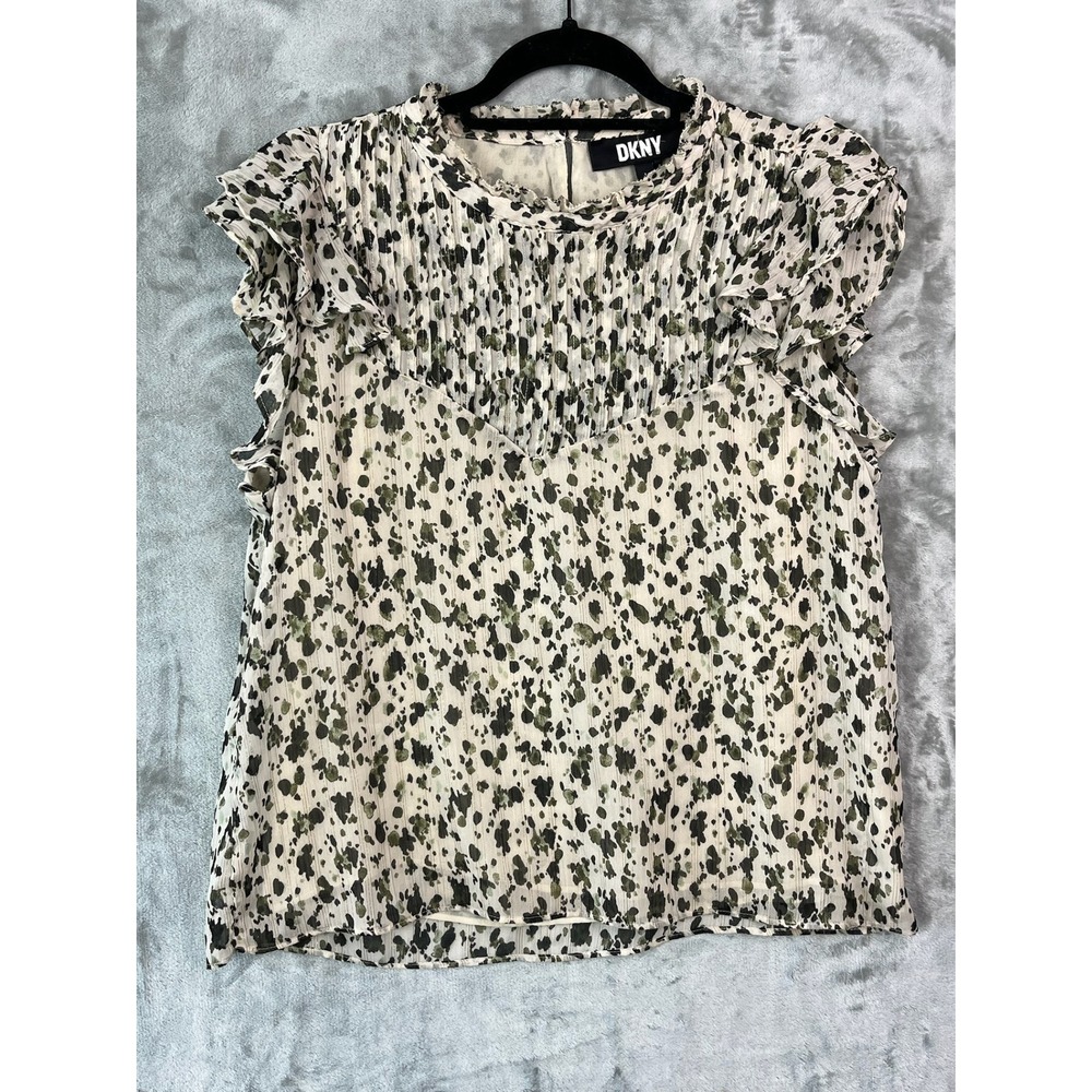 DKNY‎ Blouse Womens L Sheer Chiffon Ruffle Flutter Sleeve Metallic Animal Print